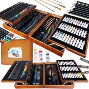 Set arta profesional complet , Pictura si Desen 174 piese – creioane, markere, vopsele, pasteluri si pensule, in cutie eleganta din lemn pliabila - Img 2