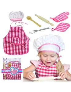 Set Bucătar pentru Copii, 7 Piese – Șorț, Bonetă, Mănușă și Ustensile din Lemn, Costum de Bucătar, 3+ ani