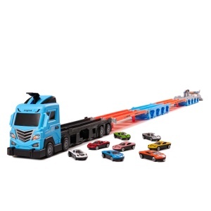 Set Camion de Jucarie pentru Transport cu 8 masinute de curse, trailer, catapulta pentru vehicule, platforma si pista de curse, Albastru - Img 2