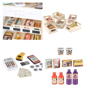 Set de Joaca Supermarket din Lemn Stand Magazin Copii cu Cos de cumparaturi, Accesorii pentru plata, Ladite legume si fructe, Produse alimentare, 97x45x27cm - Img 6