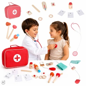 Trusă de doctor din lemn pentru copii, cu geantă, stetoscop, seringă și accesorii medicale