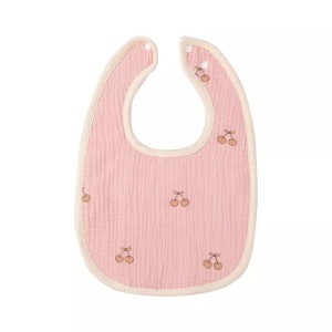 Baveta in Forma de U, din Bumbac, pentru Copii 0-12 Luni, Rezistenta la Apa, cu Capse, Model cu Cirese, 21x30 cm, Roz
