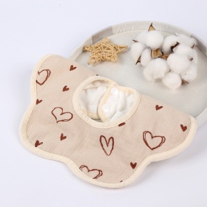 Baveta Tip Floare, din Bumbac, pentru Copii 0-12 Luni, Rezistenta la apa, cu Capse, Model cu Inimioare, 26 x 29 cm, Crem - Img 4