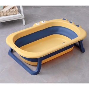 Cada Pliabila pentru Baie, din PP+TPR, pentru Copii 0-6 Ani, Model Crocodil, Dop de Scurgere, 80x54x21 cm, Galben/Albastru - Img 2