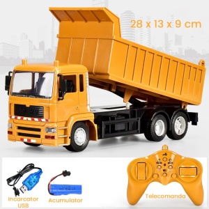 Camion Basculanta Jucarie pentru Copii, Jucarie Camion Basculanta cu Telecomanda, Jucarie de Constructie, Acumulator cu Incarcare USB, 28 x 13 x 9 cm, Galben - Img 2