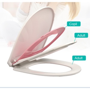 Capac de Toaleta cu Reductie 3 in 1, pentru Copii +3 Ani si Adulti, Coborare Lenta si Silentioasa, Instalare Usoara, din PP5 , in Forma de V, Alb/Roz - Img 2
