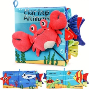 Carte Senzoriala pentru Bebelusi, 15x16x4 cm, cu Animalute, 3D, Cu Sunete si Fosnete, 0-3 Ani, Model Crab, Multicolor - Img 2