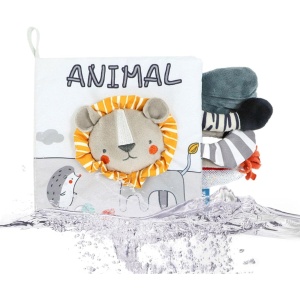 Carte Senzoriala, pentru Bebelusi, 15x16x6 cm, cu Animalute, 3D, Cu Sunete si Fosnete, 0-3 Ani, Model Leu, Gri - Img 2