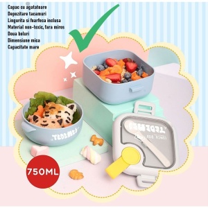 Caserola pentru copii lunch box, 750 ml, doua boluri, lingura, foarfeca din plastic, rezistenta la scurgeri, Albastra - Img 2