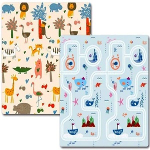 Covoras de Joaca pentru Copii Termic cu 2 Fete, Model Lumea Animalelor si Calatorie pe mare, cu Spuma, Impermeabil, Antiderapant, 200x180 x - Img 1