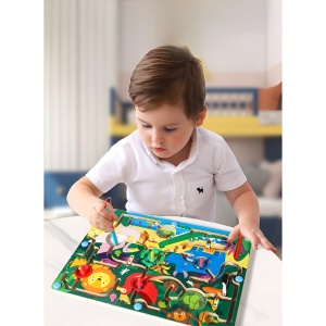 Joc Montessori de Sortare Culori, Creion Magnetic, Tip Labirint Ilustrat, din Lemn, Model Animale Salbatice, 39x29x1.5 cm - Img 4