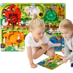 Joc Montessori de Sortare Culori, Creion Magnetic, Tip Labirint Ilustrat, din Lemn, Model Ferma, 39x29x1.5 cm - Img 4