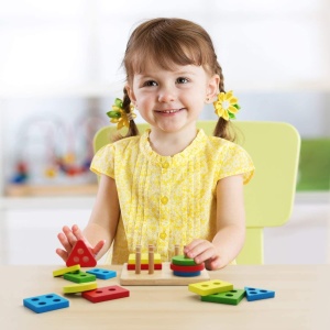 Jucarie Educativa Tip Montessori, din Lemn, + 36 Luni, Forme Geometrice, 16 Piese, 12 x 12 cm, Multicolor - Img 4