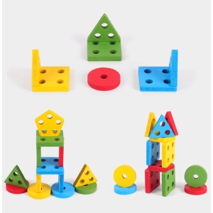 Jucarie Educativa Tip Montessori, din Lemn, + 36 Luni, Forme Geometrice, 20 Piese, 6 x 26.5 cm, Multicolor - Img 5