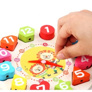 Jucarie Educativa , Tip Montessori, Model Ceas Leu, din Lemn, + 36 Luni, 12 Piese, 17 cm, Multicolor - Img 3