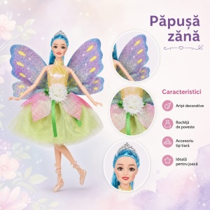 Papusa Zana Fashion cu Aripi si Rochie Eleganta Verde/Roz, 3+ ani - Img 3