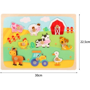 Puzzle Montessori din Lemn pentru Copii, 3D, 0-3 Ani, Model Ferma, Educativ, Intuitiv, Creativ, 9 Piese, 30x22.5x0.8 cm, Multicolor - Img 3