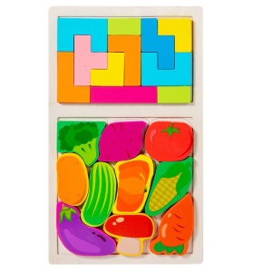 Puzzle Montessori din Lemn pentru Copii, Tip Tetris 2in1 +3 Ani, cu Legume Colorate 3D, 21 de Piese, 28.5x17x1.2 cm, Multicolor