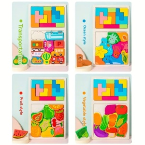 Puzzle Montessori din Lemn pentru Copii, Tip Tetris 2in1, +3 Ani, cu Masini Colorate 3D, 21 de Piese, 28.5x17x1.2 cm, Multicolor - Img 6