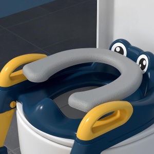 Reductor si Scaunel Inaltator WC, pentru Copii 1 - 7 Ani, 2 Trepte Reglabile, Pliabil, Colac Moale, cu Spatar si Manere, Albastru/Portocaliu - Img 5