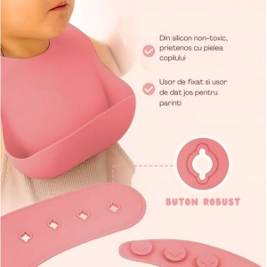 Set 10 Piese Servire Masa. pentru Bebelusi si Copii, din Silicon/Lemn, cu Ventuze Anti-alunecare, fara Alergeni. +6 Luni, Model Elefant, Roz - Img 5