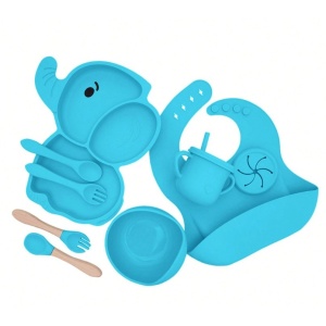 Set 10 Piese Servire Masa. pentru Bebelusi si Copii, din Silicon/Lemn, cu Ventuze Anti-alunecare, fara Alergeni. +6 Luni, Model Elefant - Img 6