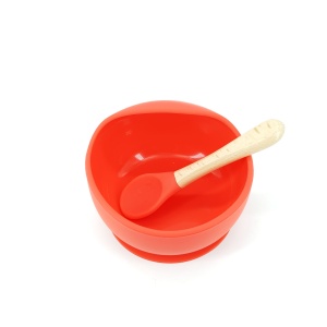 Set 2 piese diversificare bebelusi si copii din silicon bol cu ventuza, lingurita din lemn si silicon, pentru gustari, fara alergeni, rosu - Img 2