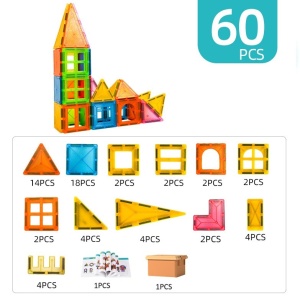 Set 60 de Piese Magnetice de Constructie, Magnetic Tiles, Piese Mari, Forme Geometrice, 3 Ani, ABS, Magnet, 20.5 x 14.5 x 12 cm, Multicolor - Img 5