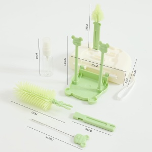 Set 7 Piese de Spalat/Uscat Biberoane, Portabil, Peri de Silicon, pentru Tetine, Suzete, Biberoane, Paie, Cutie Inclusa, 16 x 11 x 5 cm, Model Ursulet, Verde - Img 4