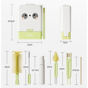 Set 7 Piese de Spalat/Uscat Biberoane, Portabil, Peri de Silicon, pentru Tetine, Suzete, Biberoane, Paie, Cutie Inclusa, 16.8 x 12 x 5 cm, Model Panda, Verde - Img 5