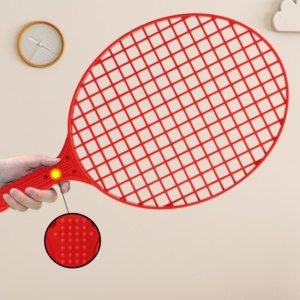 Set Badminton pentru Copii, Doua Palete, Fluturas, 2 Mingi, Minge cu Elastic pentru Antrenament, Suport de Prindere Stabil, 40.5x23 cm, Rosu Galben - Img 6