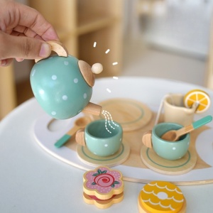 Set de Ceai din Lemn, 15 Piese, Vopsea Ecologica, +36 Luni, Multicolor Pastel - Img 4