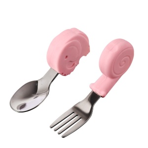 Set Tacamuri pentru Bebelusi, Lingura si Furculita, Inox/Silicon, 1- 3 Ani, Model cu Animale, Multicolor - Img 3
