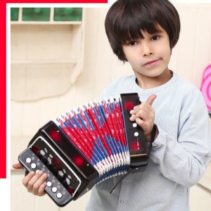 Acordeon Pentru Copii, Acordeon Jucarie pentru Educatie Timpurie, 7 butoane 2 bass, Acordeon Instrument Muzical pentru Copii, 18 x 17 x 10 cm, Negru - Img 6