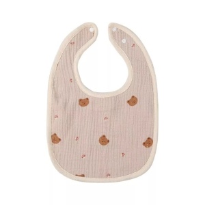 Baveta in Forma de U, din Bumbac, pentru Copii 0-12 Luni, Rezistenta la Apa, cu Capse, Model cu Ursuleti, 21x30 cm, Bej