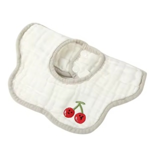 Baveta Tip Floare, din Bumbac, pentru Copii 0-12 Luni, Rezistenta la apa, 8 Straturi, Model Tricotat cu Cirese, 26 x 29 cm, Alb