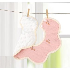 Baveta Tip Floare, din Bumbac, pentru Copii 0-12 Luni, Rezistenta la apa, cu Capse, Model cu Cirese, 26 x 29 cm, Roz - Img 4