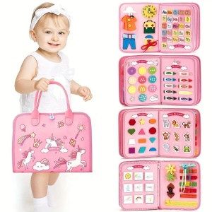 Carte Senzoriala Educativa Montessori, Dezvoltare Abilitati Motorii, 5 Pagini, Model Unicorni, 28x22x7 cm, Roz - Img 6