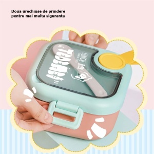 Caserola pentru copii lunch box, 750 ml, doua boluri, lingura, foarfeca din plastic, rezistenta la scurgeri, Roz - Img 4