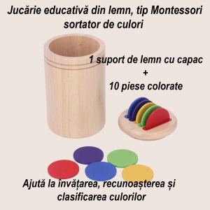 Jucarie Educativa Montessori din Lemn, 13 Piese, Sortator cu Discuri Colorate, 2+ ani, 11.3 x 7 cm, Multicolor - Img 3