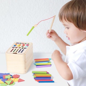 Jucarie Educativa Montessori din Lemn, Cutie Sortare Forme, Culori si Betisoare, Joc de Insirare, 56 piese,3+ ani, Multicolor - Img 6