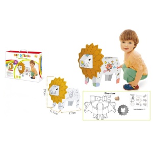 Jucarie Educativa pentru Copii, Model Leu 3D, Puzzle 3D de Asamblat si Colorat din Carton, Educativ, 41 x 12 x 33 cm, 3+ ani, Maro/Alb - Img 3