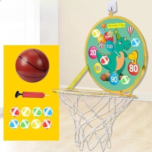 Jucarie Interactiva, 2 in 1, Cos de Basket si Tinta de Darts, Minge 16 cm, Pompa, 8 Mingii cu Scai, Model Dragon, Multicolor - Img 3