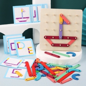 Jucarie Montessori Pegboard, din Lemn, Tip Puzzle, Forme, Litere, Educativ, 17.8 x 17.8 x 1.5 cm, Multicolor - Img 6