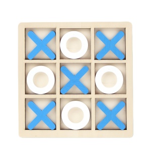 Jucarie Montessori Tic Tac Toe, Educativa, Interactiva, din lemn, X si O, 9 Piese, 14.3x14.3 cm, Albastru Alb