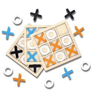 Jucarie Montessori Tic Tac Toe, Educativa, Interactiva, din lemn, X si O, 9 Piese, 14.3x14.3 cm, Albastru Alb - Img 4