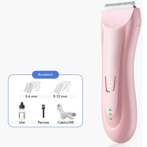 Masina De Tuns Bebelusi si Copii, Lame Cermice si Inox, Fara Fir, Functie Anti Taiere, Silentios, 50 W, Rezistent la Apa, 2 Accesorii, Incarcator USB, Roz deschis - Img 2