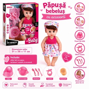 Papusa Bebelus Interactiva 31 cm, pentru Copii, Set Baby Doll cu Accesorii de Hranire si Ingrijire, +3 ani - Img 3