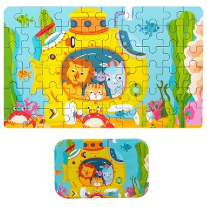Puzzle 60 de Piese din Lemn in Cutie Metalica, Model Submarin, Educativ, Dezvoltare Abilitati Cognitive, pentru Prescolari, 22.5x13.5 cm - Img 3