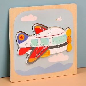 Puzzle Montessori din Lemn pentru Copii, 3D, 0-3 Ani, Model Avion, Educativ, Intuitiv, Creativ, 6 Piese, 15x15x0.5 cm, Multicolor - Img 3